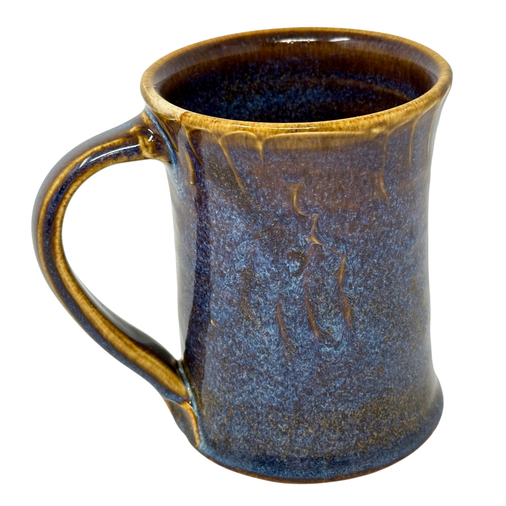 Unique Handmade Studio Pottery Mug 14oz Blue-Brown Drip Glaze Wiggle Wire Bottom